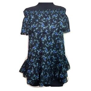 Free People Womens Chiffon Off Shoulder Top Black Blue Floral Ruffle Sz Med Boho